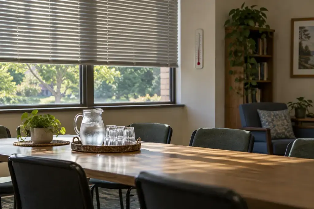An empty community room with shaded windows, drinking-water supplies and seating.