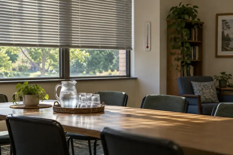 An empty community room with shaded windows, drinking-water supplies and seating.