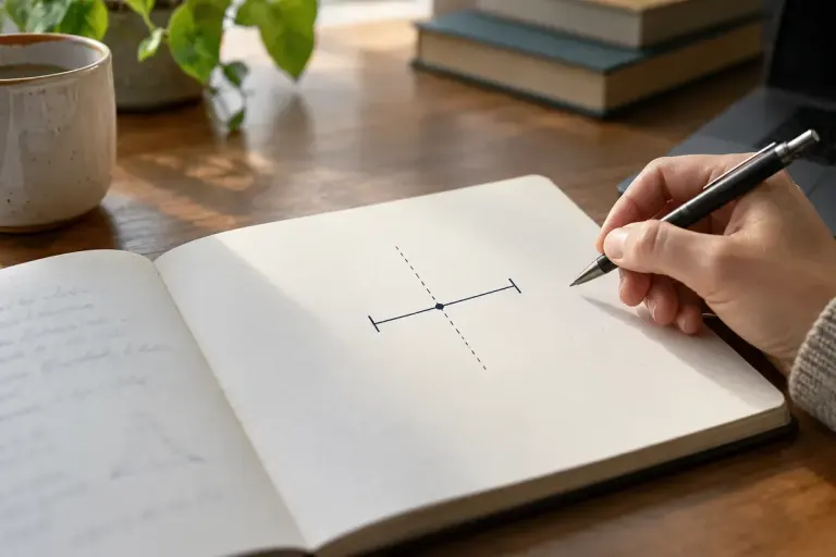 A research notebook with a horizontal interval crossing a central reference line.