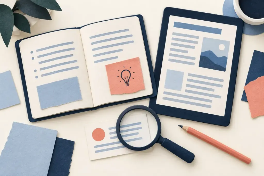 Paper collage of a notebook, tablet, magnifying glass and source card.