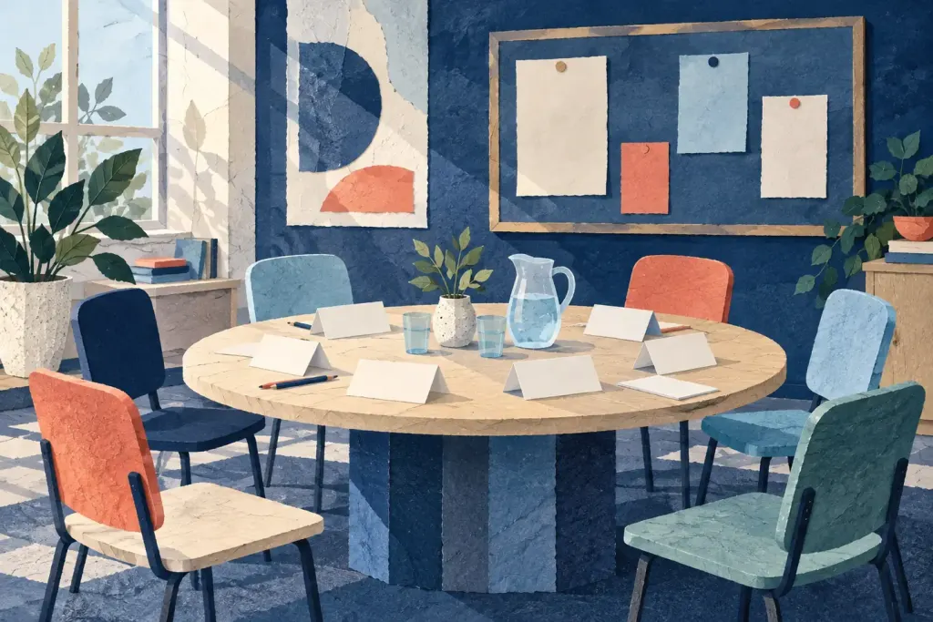 Illustration of an empty community meeting room with a round table and blank agenda cards.
