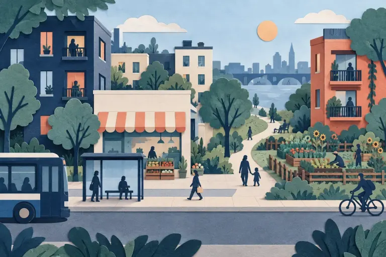 Paper illustration of a fictional neighborhood with homes, a bus stop, food shop and garden.